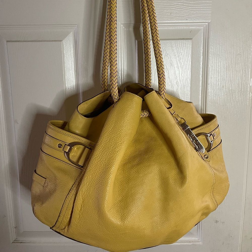 Cole Haan leather yellow mustard large shoulder bag braided straps.